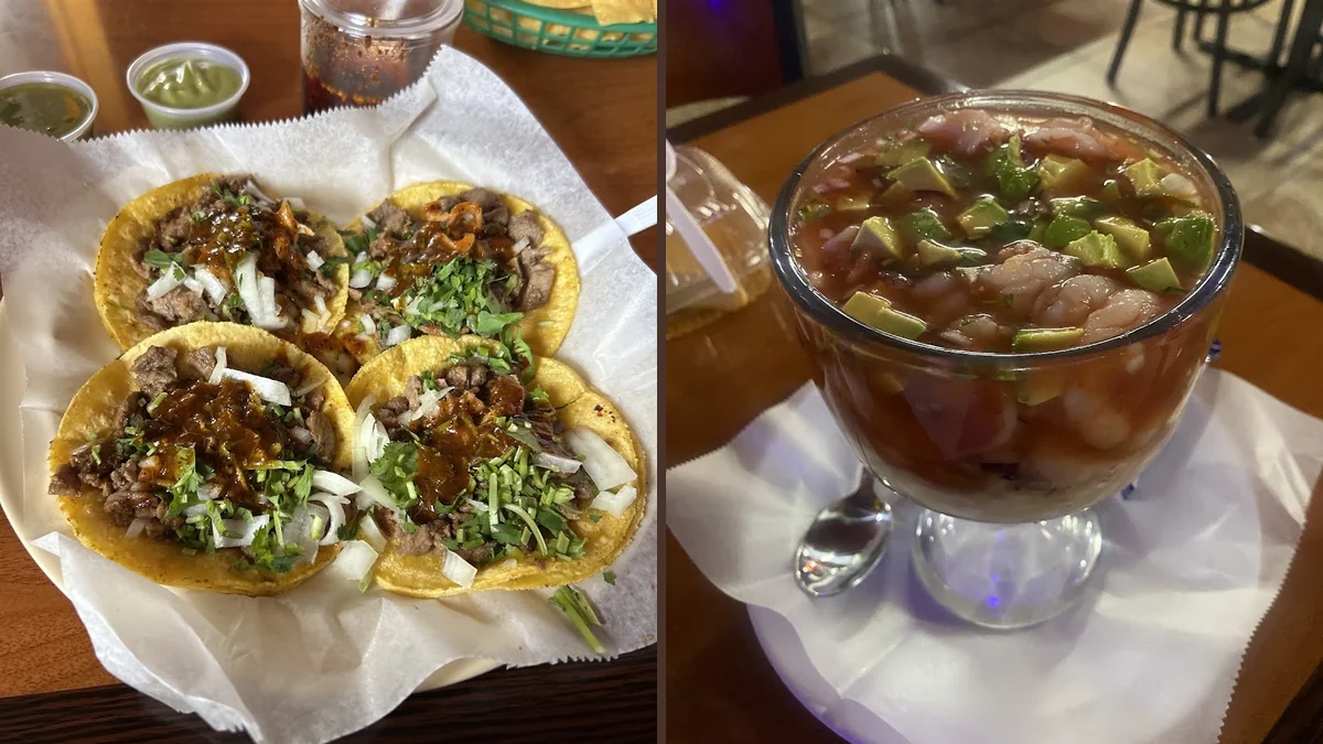 Colorful Mexican plates on a casual restaurant table.