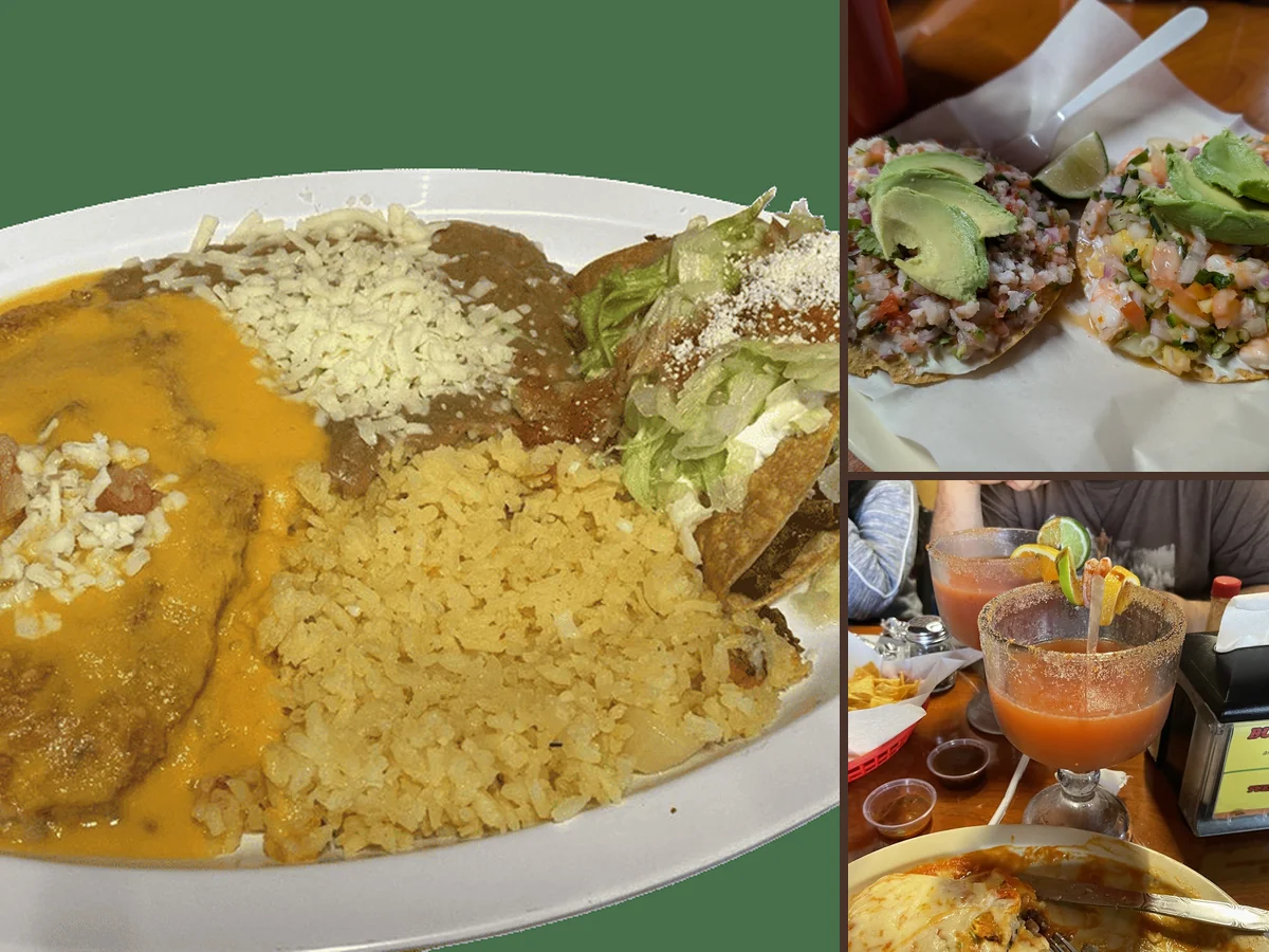 Tacos and burritos served in a busy dining room.